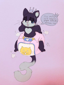 anthro clean_diaper clothed clothing crown diaper headgear male solo text wearing_diaper paddedstreak domestic_cat felid feline felis mammal 3:4 english_text hi_res