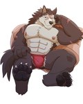 abs anthro armpit_hair asian_clothing balls_outline biceps big_muscles biped black_pawpads blue_eyes bodily_fluids body_hair brown_body brown_eyes brown_fur bulge chest_tuft claws clothing countershade_torso countershading detailed_bulge east_asian_clothing facial_scar feet foot_focus fundoshi fur genital_outline grey_body grey_countershading grey_fur japanese_clothing looking_at_viewer male muscular muscular_anthro muscular_male nipple_piercing nipples pawpads pecs piercing red_clothing red_fundoshi red_underwear ring_piercing scar simple_background sitting smile smirk solo toe_claws tuft underwear white_background dasoowolf sega shining_(sega) shining_force shining_wind rouen_(shining) canid canine canis mammal wolf absurd_res hi_res