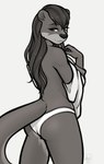 anthro black_nose butt cheeky_panties clothed clothing female hair long_hair long_tail panties rear_view shirt_up simple_background smile solo standing tail tasteful thick_tail topless underwear undressing fairdahlia nat_(mykegreywolf) mammal mustelid otter hi_res monochrome