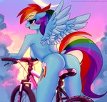 anthro anthrofied anus bicycle blue_body blue_fur blush breasts butt cutie_mark dock_(anatomy) eyebrows female fingers fur genitals hair mountain_bike multicolored_hair multicolored_tail nipples nude open_mouth outside purple_eyes pussy rainbow_hair rainbow_tail solo tail text vehicle wings xjenn9 friendship_is_magic hasbro my_little_pony mythology rainbow_dash_(mlp) equid equine mammal mythological_creature mythological_equine pegasus absurd_res artist_name digital_media_(artwork) english_text hi_res