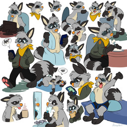 anthro blep boxer_briefs boxer_briefs_only bread brush brushing brushing_teeth clothed clothing electronics eyewear food glasses jacket kerchief male mirror open_mouth phone solo tired tired_eyes toast tongue tongue_out topless topwear underwear underwear_only yawn yawning_position orlandofox ringo_raccoon mammal procyonid raccoon 1:1 hi_res