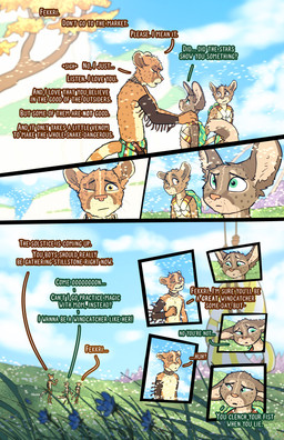 anthro bodily_fluids dandelion dialogue fantasy flower group kite_tower male nonsexualized_young outside plant tears text tree trio wind fek the_sparks_of_daybreak fekkri_talot makka_talot rikken_talot catfolk absurd_res comic english_text hi_res