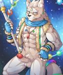 2018 abs anthro balls biceps blush bottomless canid canine canis clothed clothing erection eyewear fur genitals glasses hi_res humanoid_genitalia humanoid_penis jewelry kemono male mammal muscular muscular_anthro muscular_male necklace pecs penis pubes signature solo unrealplace white_balls wolf