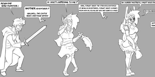 adventurer anthro breast_growth breasts cleaning_tool clothed clothing dress feather_duster female forced forced_transformation gender_transformation growth identity_death maid_uniform male melee_weapon mind_control mtf_transformation scut_tail short_tail solo species_transformation sword tail text transformation transformation_sequence uniform weapon saphirathefur hare human lagomorph leporid mammal rabbit 2024 digital_media_(artwork) english_text hi_res sequence