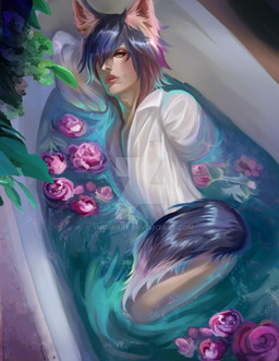bath bathing clothing flower hair inner_ear_fluff looking_at_viewer male plant purple_hair shirt topwear tuft wet wet_clothing wet_shirt wet_topwear yellow_eyes yummiart blush_blush volks humanoid hi_res