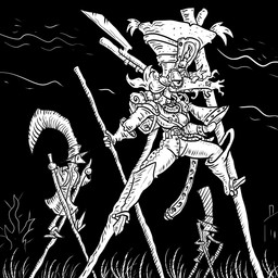 anthro armor bayonet beak big_hat black_background clothed clothing eyewear female glasses gloves goggles grass_field group gun handwear hat headgear headwear knife military_uniform night outside plague_doctor ranged_weapon rifle scabbard simple_background stilts surrealism teeth toothed_beak trio uniform walking weapon wearing_glasses zhmernalt ambiguous_species animal_humanoid avian avian_humanoid humanoid 1:1 2024 black_and_white hi_res monochrome