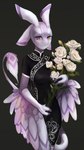 4_ears anthro avali black_clothing black_dress bouquet breasts clothing diondeath dress feathered_tail feathers female flower flower_bouquet hi_res looking_at_viewer multi_ear naaka non-mammal_breasts orange_eyes plant smile solo standing tail white_rose wings