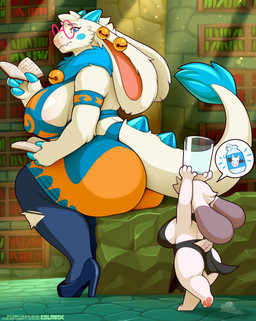 anthro big_breasts biped blue_eyes bottomwear breasts butt clothed clothing duo eyelashes eyewear female footwear fur glasses high_heels orange_clothing pupils shoes sitting size_difference tail topwear white_body colarix atlyss angela_flux colarix_(fursona) kubold_(atlyss) lagomorph leporid mammal rabbit absurd_res hi_res