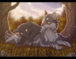ambiguous_gender azzai black_bars canid canine canis cloud detailed_background duo feral forest grass letterbox mammal nature outside plant sky tree unknown_artist wolf yellow_eyes