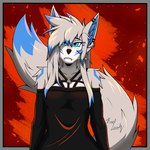 anthro arm_markings black_clothing black_topwear blue_eyes blue_highlights blue_inner_ear blue_tail_tip clothing dipstick_tail ear_piercing female front_view fur grey_body grey_ears grey_fur grey_hair hair hair_over_eye highlights_(coloring) long_hair markings narrowed_eyes one_eye_obstructed piercing shoulder_markings solo tail tail_markings teeth topwear white_body white_fur kevliwolf canid canine mammal 1:1 digital_drawing_(artwork) digital_media_(artwork) half-length_portrait hi_res portrait