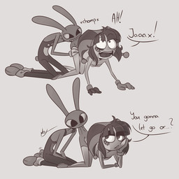 4_fingers annoyed anthro bite blush butt_bite chomp clothing dialogue duo female fingers hand_on_cheek kneeling larger_male looking_back male pattern_clothing pattern_topwear sharp_teeth size_difference smaller_female speech_bubble striped_clothing striped_topwear stripes surprised swimming_trunks swimwear teeth topwear screaming_alice glitch_productions kinktober kinktober_2025 the_amazing_digital_circus jax_(tadc) pomni_(tadc) humanoid lagomorph leporid mammal rabbit 1:1 absurd_res hi_res