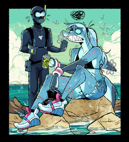 ambiguous_gender annoyed anthro beverage_can bikini bikini_top clothed clothing diving_mask dorsal_fin duo earless female female_anthro fin footwear freckles gills knife laced_clothing larger_anthro larger_female mask scar scuba shark_teeth shark_tooth_necklace sharp_teeth shoes six_pack_rings size_difference smaller_human swimwear tail teeth thick_tail trash two-piece_swimsuit wet wet_body wet_clothing herny jawlene_(herny) fish human humanoid mammal marine shark 2025 hi_res