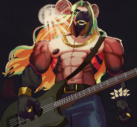 abs anthro athletic athletic_anthro athletic_male bass_guitar belt biceps bottomwear bracelet bulge claws clothed clothing ear_piercing fangs fur fur_markings gold_(metal) golden_fangs green_hair guitar guitar_pick hair jewelry long_hair looking_at_viewer looking_down looking_down_at_viewer low-angle_view male markings muscular muscular_anthro muscular_male musical_instrument necklace nipples open_mouth orange_hair pants pecs piercing plucked_string_instrument ring sharp_teeth solo spikes standing string_instrument teeth topless worm's-eye_view stovenfang kangaroo macropod mammal marsupial absurd_res digital_media_(artwork) hi_res