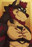 abs anthro beard biceps black_body black_fur black_nose brown_eyes clothed clothing facial_hair fangs fur hair looking_at_viewer male markings mohawk muscular muscular_anthro muscular_male pecs simple_background smile solo teeth topless aluminemsiren wolfier_indygo canid canine canis mammal wolf 2016 digital_media_(artwork) half-length_portrait portrait