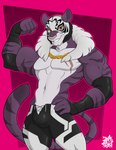 anthro bulge chain flexing fur gold_(metal) gold_chain looking_at_viewer lucha_libre_mask male mask muscular pecs purple_body purple_fur scar simple_background smile solo sports_mask sportswear standing tail white_body wrestler wrestling_mask jomaro_(artist) atlas_(shai_dreamcast) felid mammal pantherine tiger 2024 absurd_res digital_media_(artwork) hi_res