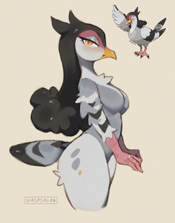 4_fingers anthro anthrofied beak biped breasts claws feathers featureless_breasts female finger_claws fingers grey_body grey_feathers grey_tail looking_at_viewer non-mammal_breasts nude nude_anthro nude_female orange_eyes pokemorph scuted_arms scutes side_view simple_background small_breasts solo standing tail thick_thighs waspsalad nintendo pokemon generation_5_pokemon pokemon_(species) tranquill 2025 digital_drawing_(artwork) digital_media_(artwork) hi_res