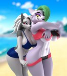 3d_(artwork) anthro argos90 assisted_exposure beach bikini blender_(software) blender_cycles breasts canid canid_demon canine canis clothed clothing demon digital_media_(artwork) female five_nights_at_freddy's five_nights_at_freddy's:_security_breach hellhound helluva_boss hi_res loona_(helluva_boss) mammal mythological_canine mythological_creature mythology nipples outside roxanne_wolf sand scottgames sky steel_wool_studios swimwear teeth undressing water wolf