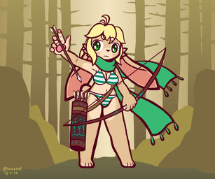 anthro arrow_(weapon) bikini blonde_hair bow_(weapon) breasts cleavage clothed clothing female forest forest_background fur green_eyes hair long_ears nature nature_background navel outline pattern_bikini pattern_clothing pattern_swimwear pawpads paws plant ranged_weapon scarf solo striped_bikini striped_clothing striped_swimwear stripes swimwear tan_body tan_fur tree two-piece_swimsuit weapon frigadae lagomorph leporid mammal rabbit 2022 digital_media_(artwork) full-length_portrait portrait signature