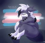 anthro bodily_fluids crying female lgbt_pride moody overweight politics pride_colors self_hug solo tears text transgender_pride_colors conditional_dnp skoon nintendo pokemon cookie_(skoon) eevee generation_1_pokemon generation_7_pokemon hybrid lycanroc midnight_lycanroc pokemon_(species) english_text hi_res trans_(lore) trans_woman_(lore)