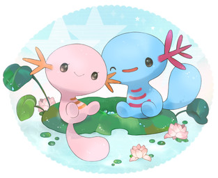 ambiguous_gender armless blue_body duo featureless_feet feet feral flower gills grey_eyes leaf markings one_eye_closed open_mouth open_smile orange_body orange_markings orange_stripes pink_body pink_flower plant purple_body purple_markings purple_stripes sitting smile star stripes tail water water_lily michi_runi nintendo pokemon generation_2_pokemon pokemon_(species) wooper digital_media_(artwork) unavailable_at_source