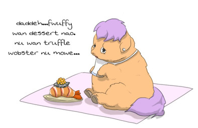 abuse ambiguous_feral ambiguous_gender apron baby_talk clothing dialogue dish ear_piercing feral fur hair hooves lobster_(food) obese obese_feral open_mouth overweight overweight_feral piercing purple_hair purple_tail sad sitting solo tail tan_body tan_fur text truffle_(food) young young_ambiguous young_feral carpdime fluffy_pony fluffy_pony_(species) mammal digital_media_(artwork) english_text shaded