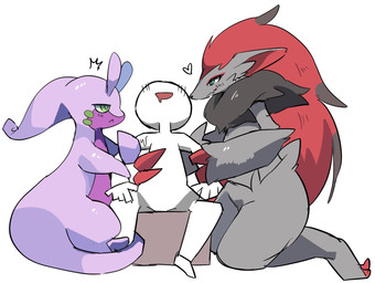 :d ambiguous_gender antennae_(anatomy) anthro biped black_body black_fur black_hair black_nose claws closed_frown countershade_face countershade_torso countershading eye_markings frown fur green_eyes grey_body grey_fur group hair heart_symbol kemono long_hair looking_at_another markings mouth_closed multicolored_hair open_mouth purple_body purple_countershading purple_skin purple_tail red_claws red_hair red_inner_ear red_markings simple_background sitting smile tail teal_eyes two_tone_hair white_background h_rin0u0 nintendo pokemon anon generation_5_pokemon generation_6_pokemon goodra human mammal pokemon_(species) zoroark 2021 digital_media_(artwork)