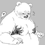 anthro belly blush clothed clothing duo groping_from_behind hand_tattoo heart_symbol male male/male moob_grab moob_grope moobs overweight overweight_male tattoo topless nekokat42 one_piece bepo_(one_piece) trafalgar_law bear human mammal monochrome