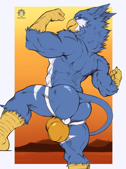 abstract_background anthro avian_feet back_muscles balls balls_outline beak biped blue_body blue_eyebrows blue_hair blue_tuft bottomwear bulge butt claws clothed clothing detailed_bulge eyebrows genital_outline genitals hair jockstrap looking_at_viewer looking_back looking_back_at_viewer male markings mostly_nude muscular muscular_anthro muscular_male neck_tuft penis_outline plantigrade presenting presenting_hindquarters rear_view simple_background skimpy solo tail text topless topless_anthro topless_male tuft underwear underwear_only white_body white_markings yellow_beak yellow_clothing yellow_hands yellow_jockstrap yellow_underwear khayen mythology jericko_(germanshepherd69) avian bird gryphon mythological_avian mythological_creature 2026 3:4 absurd_res artist_name colored digital_drawing_(artwork) digital_media_(artwork) english_text hi_res shaded signature