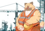 anthro armor belly big_belly blush bulge clothed clothing hard_hat headgear helmet humanoid_hands kemono male outside overweight overweight_male solo underwear lantu_(artist) domestic_cat felid feline felis mammal 2023 alternate_version_at_source hi_res