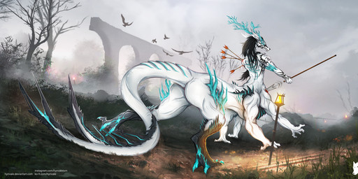 4_eyes 6_legs anthro aqueduct arrow_(weapon) athletic athletic_anthro athletic_male biceps black_hair blood blue_eyes blurred_background bodily_fluids branch_tail bridge dream fog grass hair horn long_ears long_hair looking_at_another male markings melee_weapon multi_eye multi_leg multi_limb multi_tail muscular muscular_anthro muscular_male muscular_thighs nature nature_background nightmare pain plant polearm ranged_weapon rock sad solo spear spikes spikes_(anatomy) stab struggling tail tail_motion tailwag teeth text thorns torch tree vent_art walking walking_away weapon white_body hynvale mythology hynvale_navayaghale_(hynvale) avian bird canid canine canis dragon hybrid hybrid_taur mammal mythological_creature mythological_scalie scalie taur unknown_species wolf hi_res url