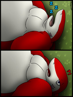 2_panel_comic anthro belly big_belly gills interrobang lying male moobs narrowed_eyes obese obese_anthro obese_male on_back open_mouth overweight overweight_anthro overweight_male red_body sleeping solo waking_up irongut_(artist) princemudeenu irongut aquatic fish shark 3:4 absurd_res comic hi_res sequence signature