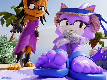 anthro beach clothing duo feet female flip_flops foot_fetish foot_focus foot_play footwear humanoid_feet low-angle_view plantigrade sandals shoes nouvaera archie_comics sega sonic_the_hedgehog_(archie) sonic_the_hedgehog_(comics) sonic_the_hedgehog_(series) blaze_the_cat nicole_the_lynx domestic_cat felid feline felis lynx mammal 3d_(artwork) 4:3 digital_media_(artwork) hi_res