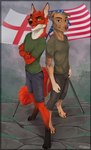 american_flag anthro black_bottomwear black_clothing black_pants blue_bottomwear blue_clothing blue_pants bottomwear brown_eyes clothing crossed_arms duo english_flag fur green_clothing green_eyes green_shirt green_topwear looking_at_viewer male mouth_closed open_mouth pants red_body red_fur shirt smile standing tail tan_body tan_fur topwear kaurimoon canid canine canis domestic_dog fox mammal hi_res