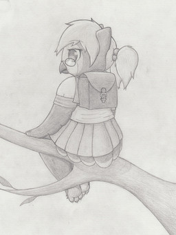 anthro backpack barefoot beak biped clothed clothing eyewear feet female fully_clothed glasses high_place in_tree pigtails plant rear_view school_uniform sitting solo tree uniform young young_anthro infamousrel fukiyo_(pokeandpenetrate) avian bird owl 3:4 full-length_portrait graphite_(artwork) greyscale hi_res monochrome portrait traditional_media_(artwork)