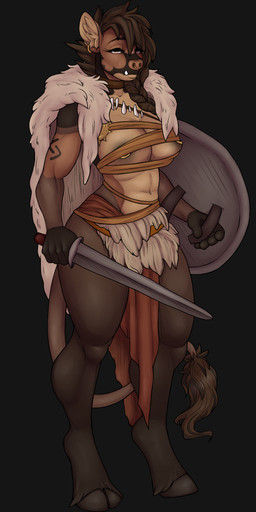 anthro areola breasts brown_body brown_hair clothed clothing ear_piercing ear_ring facial_piercing female hair nose_piercing piercing ring_piercing septum_piercing shield solo strong_female viking viking_sword spottedp_anda0046 freya_(boar) mammal suid suine sus_(pig) wild_boar hi_res