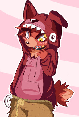 ambiguous_gender anthro black_nose blush clothed clothing cosplay fur hoodie kemono machine open_mouth pattern_background pink_background pink_body pink_fur red_body red_fur sharp_teeth simple_background solo striped_background teeth topwear tuft yellow_eyes tiredanon five_nights_at_freddy's scottgames foxy_(fnaf) animatronic canid canine fox mammal robot 2016 digital_media_(artwork)