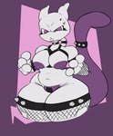 anthro areola armwear big_breasts breasts choker clothing eyebrow_piercing eyelashes facial_piercing female fishnet_armwear fishnet_clothing fishnet_handwear grey_body handwear jewelry mostly_nude navel necklace nipple_piercing nipples piercing purple_areola purple_background purple_body purple_nipples pussy_tape simple_background slightly_chubby solo tape thick_thighs torn_thigh_highs wide_hips odoka nintendo pokemon generation_1_pokemon legendary_pokemon mewtwo pokemon_(species) absurd_res hi_res