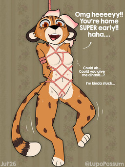 anthro artist bdsm belly_nipples bodily_fluids bondage bound brown_body brown_fur caught_in_the_act dialogue ears_down female fur genital_fluids genitals hair hands_behind_back markings multicolored_body multicolored_hair nipples nude open_mouth orange_eyes pink_rope pivoted_ears restraints rope rope_bondage rope_harness solo spots spotted_body spotted_fur stuck suspension suspension_bondage sweat sweatdrop text vaginal_fluids vulva lupopossum breel_(angelbreel) cheetah felid feline mammal 2026 absurd_res digital_media_(artwork) english_text hi_res nonbinary_(lore)