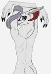 ambiguous_gender anthro big_tongue black_nails blue_eyes colored_nails grey_body horn licking looking_at_another looking_back nails sharp_teeth smile solo teeth tongue tongue_out yamabat monster synx hi_res