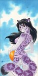 anthro ball bikini biped black_hair butt butt_pose clothing female fluffy fluffy_tail fur hair looking_at_viewer markings orange_eyes outside pink_nose pose purple_body purple_fur purple_spots sky solo spots spotted_body standing swimwear tail two-piece_swimsuit white_body white_fur yellow_sclera nekoart ketty_(character) felid mammal pantherine snow_leopard 2016 painting_(artwork) traditional_media_(artwork) watercolor_(artwork)