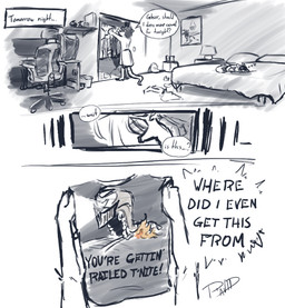 ambiguous_gender anthro bed bedroom chair closet clothing computer_desk computer_monitor dialogue duo feral furniture machine male office_chair pet_protogen shirt text topwear ravid_anml loss ghirr_firewire_mertens_(ravid_anml) tobias_hecaucatl_(ravid_anml) american_opossum mammal marsupial protogen absurd_res comic english_text hi_res meme monochrome sketch