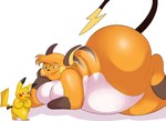 anthro belly big_butt blush butt duo female fur hair larger_female lying male male/female nude obese obese_anthro obese_female on_front orange_body orange_fur overweight overweight_anthro overweight_female simple_background size_difference smaller_male yellow_body yellow_fur conditional_dnp erobos nintendo pokemon cocoa_(cheesecaker) sparks_(cheesecaker) generation_1_pokemon mammal pikachu pokemon_(species) raichu rodent