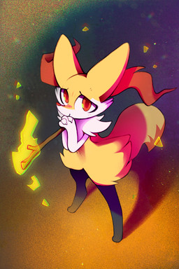 3_fingers ambiguous_gender anthro arm_tuft black_body black_fur cheek_tuft chest_tuft claws dipstick_tail facial_tuft fingers fire fur hands_together high-angle_view holding_object inner_ear_fluff looking_at_viewer markings orange_body orange_eyes orange_fur orange_nose pleading_eyes semi-anthro shoulder_tuft smile solo stick tail tail_markings tuft white_body white_fur yellow_body yellow_fur celebi-yoshi nintendo pokemon braixen canid canine fox generation_6_pokemon mammal pokemon_(species) 2025 chromatic_aberration hi_res