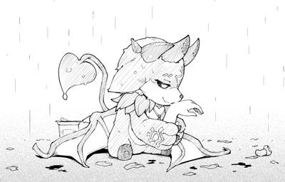 ambiguous_gender anthro biped black_sclera fur grey_body grey_fur head_horn holding_object hooves horn jewelry membrane_(anatomy) membranous_wings necklace necklace_only nude raining semi-anthro severed_arm severed_body_part severed_limb sitting solo spade_tail tail wet white_eyes wings oribiyo nijisanji vtuber debidebi_debiru demon greyscale monochrome