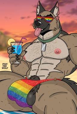 abs alcohol anthro beverage big_bulge brown_body brown_claws brown_fur bulge claws clothing cocktail cocktail_glass collar container cup drinking_glass eyewear fur fur_markings genital_markings genitals glass glass_container glass_cup green_collar lgbt_pride looking_at_viewer male markings multicolored_body multicolored_fur muscular nipples penis penis_markings pubes scar solo sunglasses tongue tongue_out underwear ivan_the_artist lgbt_pride_month brutus_(pixie_and_brutus) canid canine canis domestic_dog german_shepherd herding_dog mammal pastoral_dog 2026 hi_res