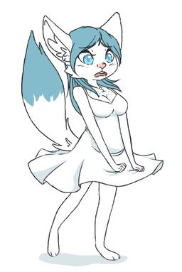 anthro biped blue_eyes blush breasts clothed clothing dress embarrassed female fur simple_background solo standing wind wind_lift mayleancall the_seven_year_itch lyude marilyn_monroe canid canine canis mammal wolf 2013
