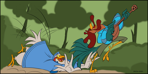 anthro beak black_border border bottomwear clothed clothing dress duo eyes_closed feathers female forest holding_lute holding_musical_instrument holding_object lute lying male musical_instrument on_front open_mouth pants plant plucked_string_instrument string_instrument tail tail_feathers topwear tree yellow_eyes dutch_(artist) disney robin_hood_(disney) alan_a_dale lady_kluck avian bird chicken galliform phasianid 2024 hi_res signature