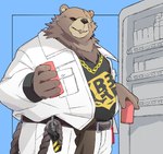 anthro belly beverage bottomwear brown_body brown_fur clothing facial_scar fur jacket jewelry male missing_eye necklace overweight pants scar soda solo topwear vending_machine white_bottomwear white_clothing white_jacket white_pants white_topwear inunoshippo jinnta4014 mihoyo zenless_zone_zero ben_bigger bear mammal hi_res