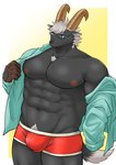 abs anthro black_body black_fur body_hair briefs bulge chest_hair clothing eyewear fur glasses hair horn male muscular muscular_anthro muscular_male pecs solo underwear undressing white_hair ioenami88 lifewonders tokyo_afterschool_summoners tanngrisnir_(tas) bovid caprine goat mammal hi_res