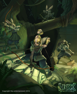 3_toes angry anthro arrow_(weapon) bottomwear bow_(weapon) brown_body brown_fur clothing crouching digitigrade eye_patch eyewear feet fur grass grey_body grey_fur group hay_in_mouth holding_bow_(weapon) holding_object holding_ranged_weapon holding_weapon male pants plant ranged_weapon stairs text toes tree weapon ellemnian hex:_shards_of_fate lagomorph leporid mammal rabbit 2016 absurd_res english_text hi_res official_art